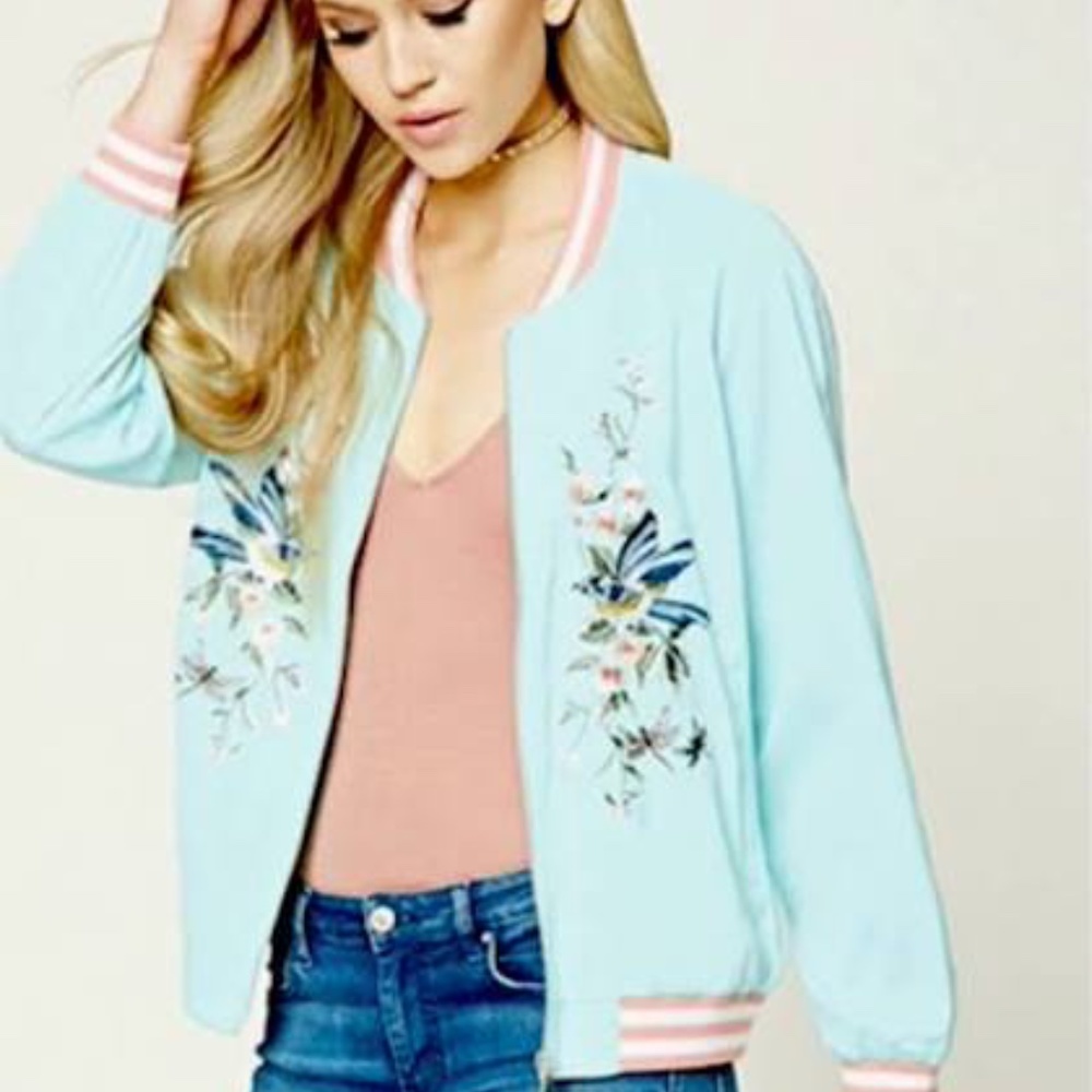 Light Blue Forever 21 Floral Bomber Jacket